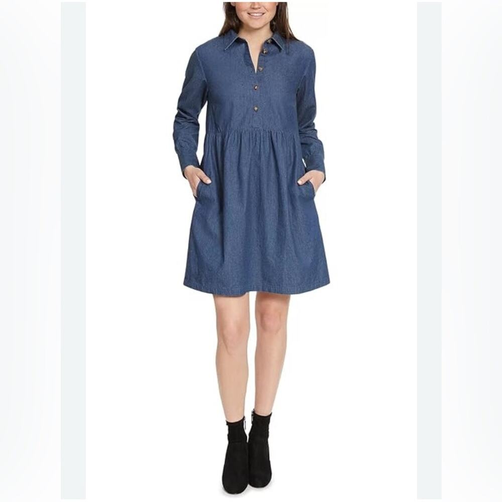 NWT!! Nine West Chambray Denim Shift Dress, Smocked Sleeves, Small - Picture 2 of 15